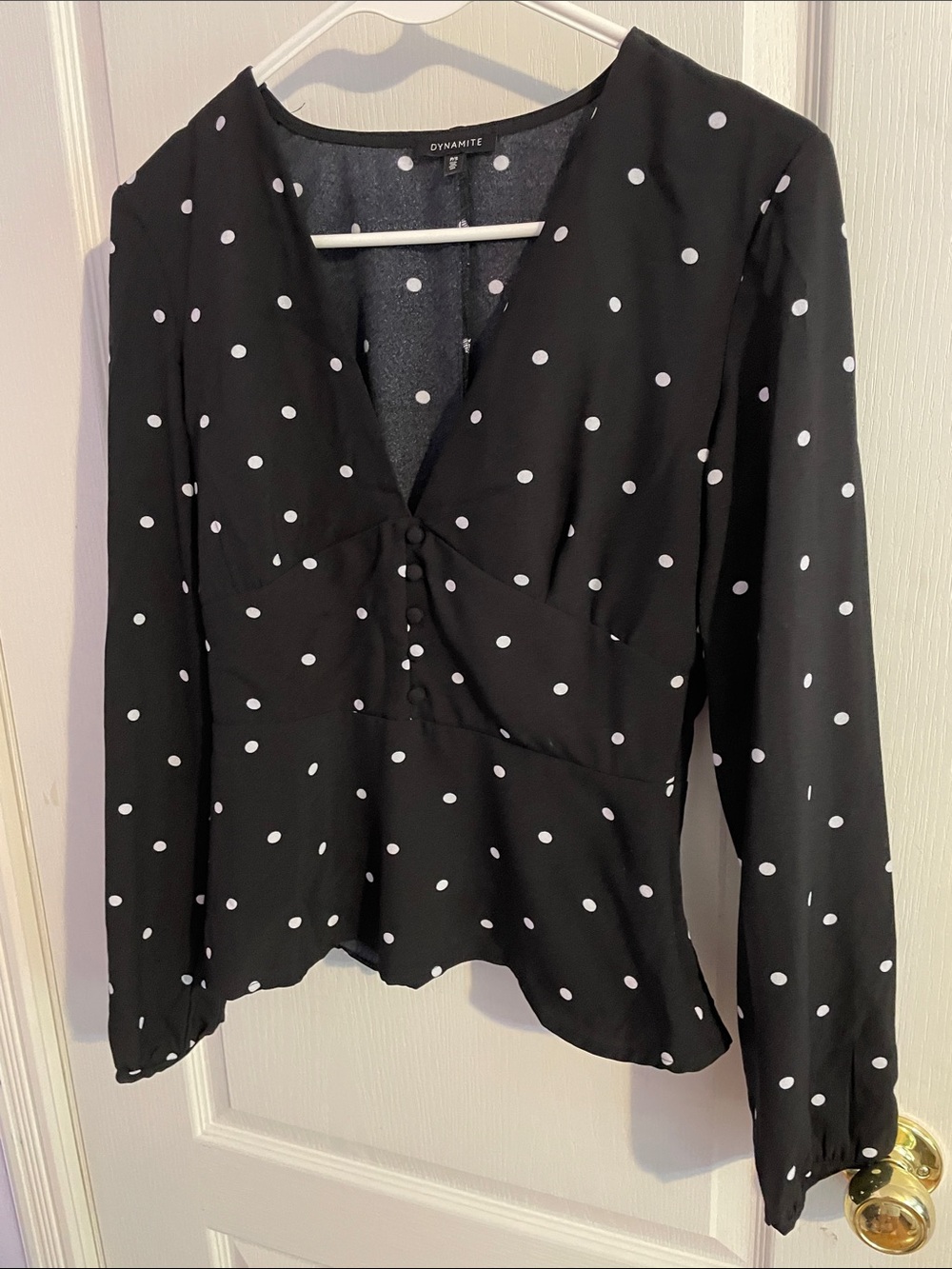 Dynamite Black Polka Dot V-Neck Peplum Blouse